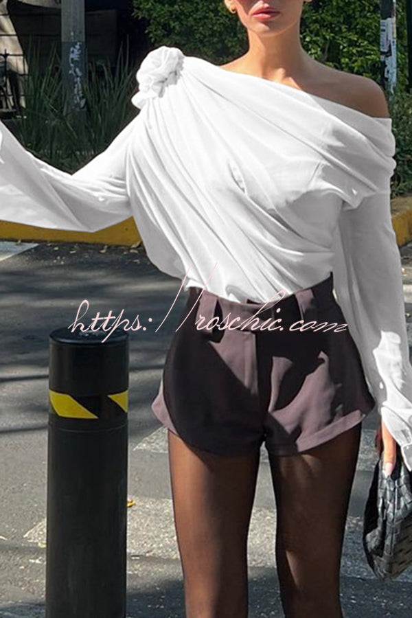 Three Dimensional Flower Tulle Off Shoulder Long Sleeved Blouse