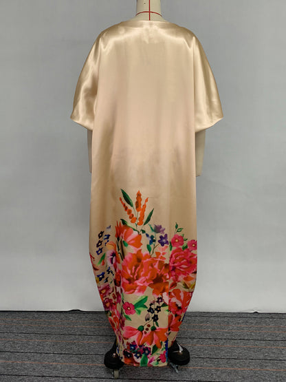 A-line Half Sleeves Elasticity Flower Print Split-front V-neck Maxi Dresses