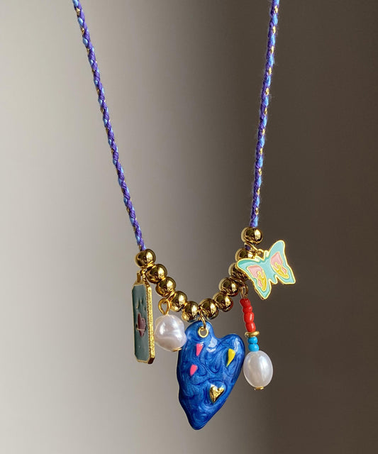 Original Design Blue Alloy Drip Glaze Love Butterfly Pendant Necklace