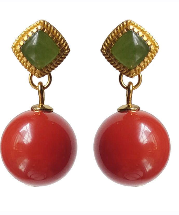 Red Sterling Silver Overgild Inlaid Agate Drop Earrings