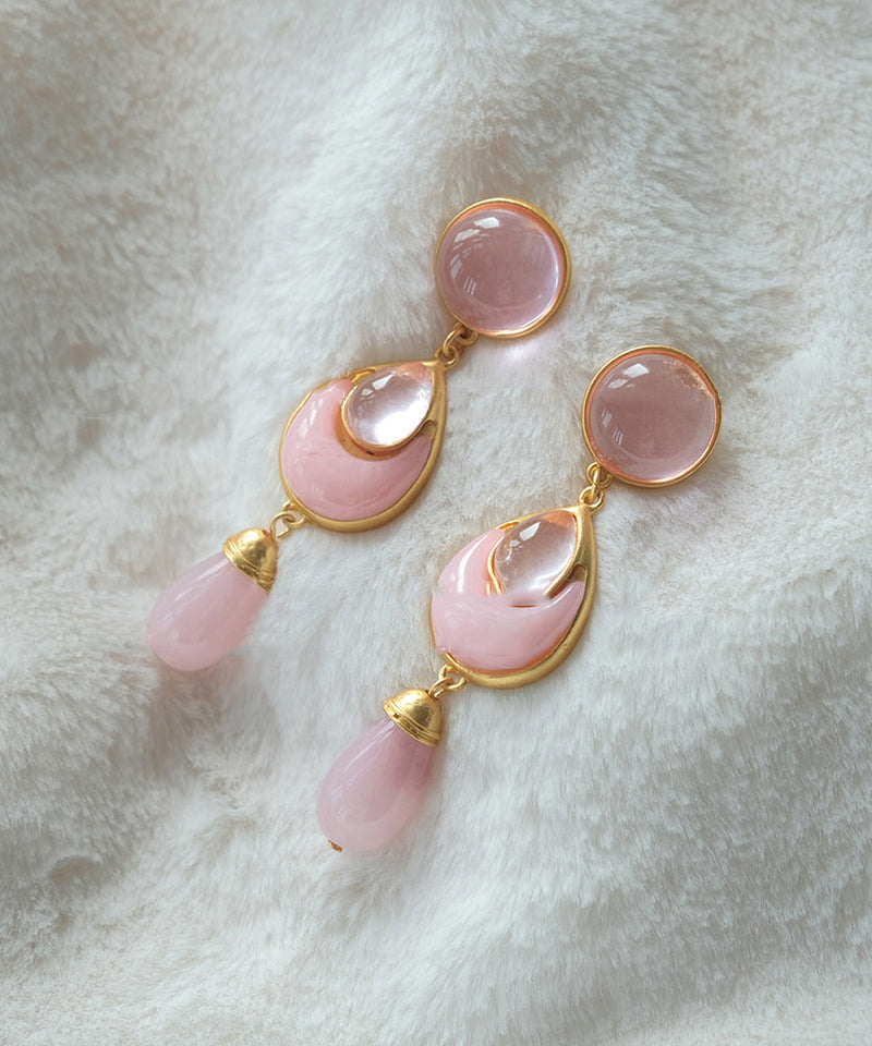 Pink Sterling Silver Overgild Crystal Coloured Glaze Water Drop Drop Earrings