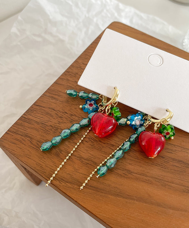 Green Overgild Crystal Glass Tassel Love Drop Earrings
