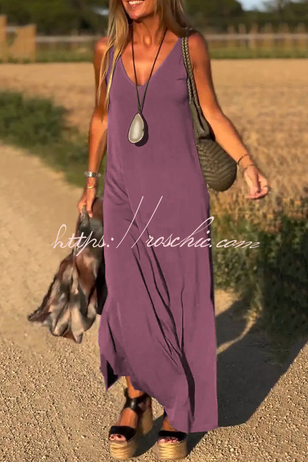 Color V-neck Sleeveless Loose Maxi Dress