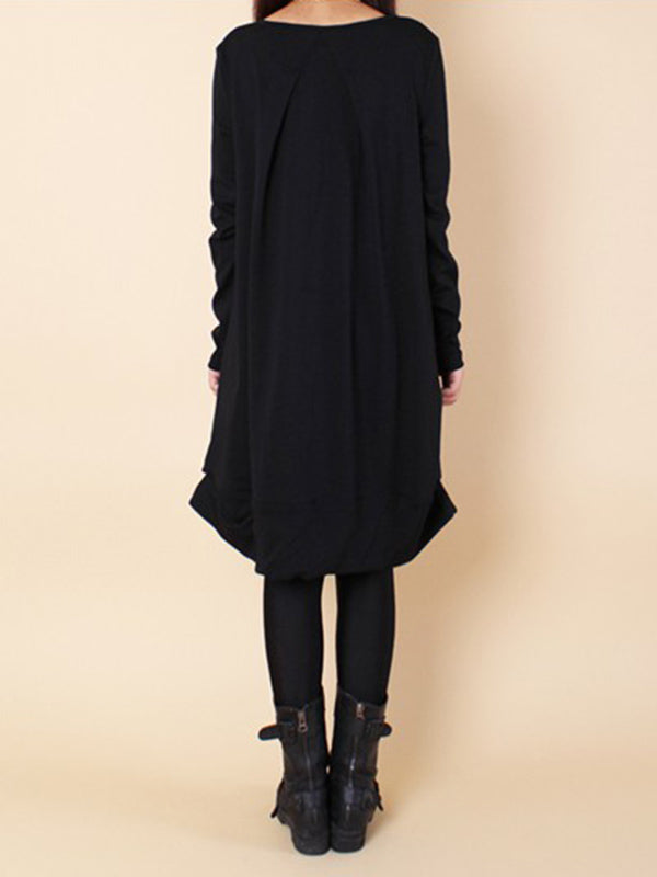 A-line Long Sleeves Pleated Color Round-neck Dresses Maxi Dresses