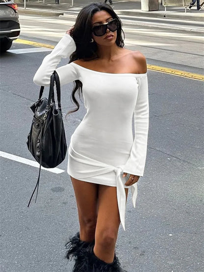 Bandage Off-shoulder Mini Dress for Patchwork Lace-up Backless Clothes Bodycon Dress