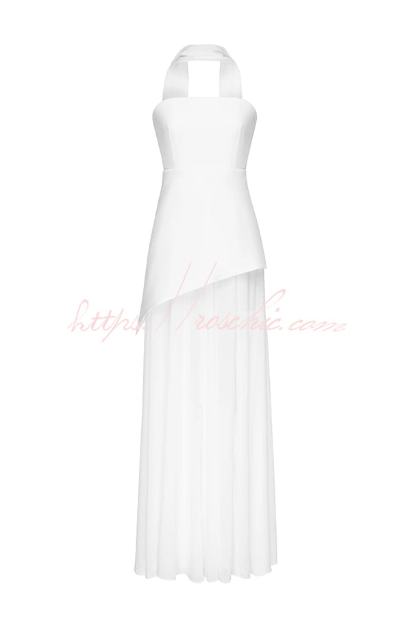 Monaco Off Shoulder Structured Top Chiffon Slit Hem Scarf Maxi Dress