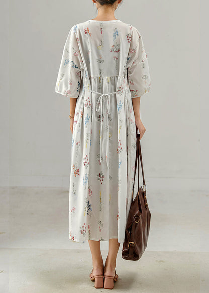 White Oversized Print Cotton Long Dresses Bracelet Sleeve