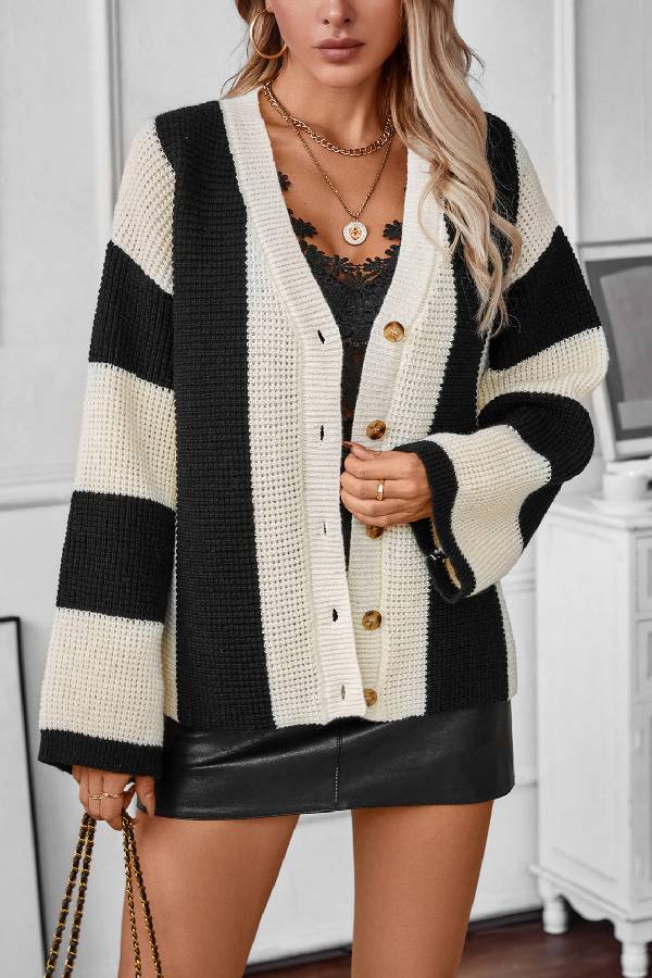 Contrast Striped Sweater Cardigan Autumn and Winter Loose Knitting Shirt
