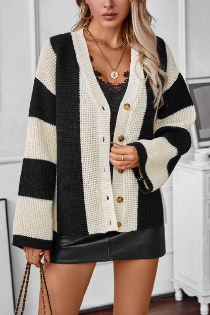 Contrast Striped Sweater Cardigan Autumn and Winter Loose Knitting Shirt