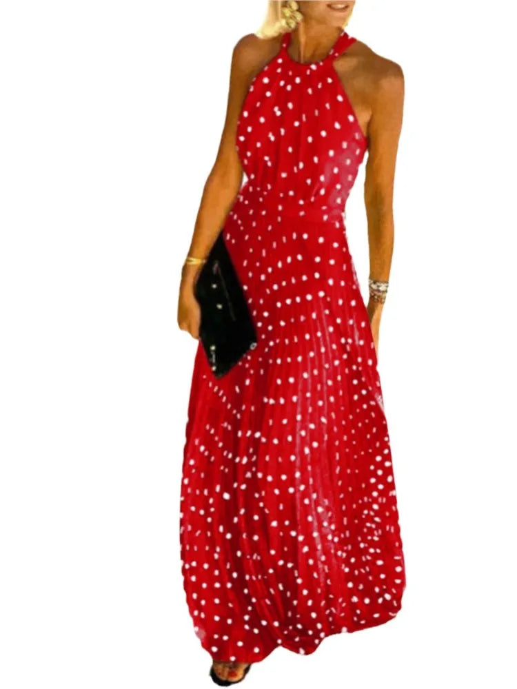 Polka Dot Print Halter Neck Long Dresses Backless Leace-up Sleeveless Pleated Dress Summer Vacation Style Vestidos