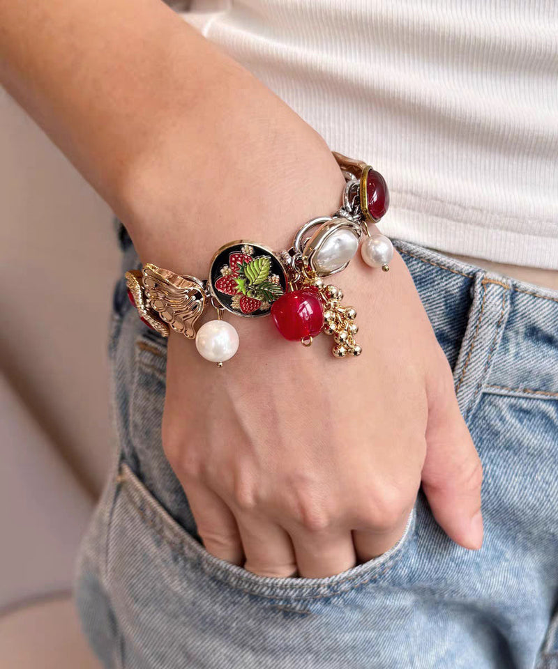 Vogue Red Stainless Steel Pearl Strawberry Charm Bracelet