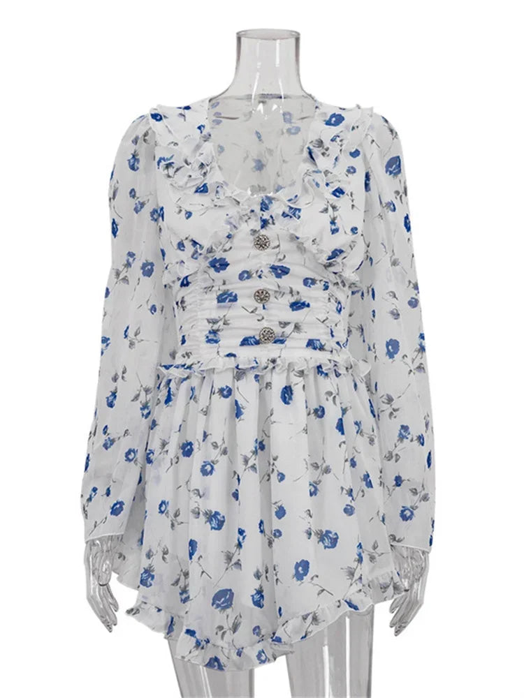 Ruffled V-neck Printed Mini Dress Female Bandage Autumn Lace-up Contrast Drawstring Dress for Party Dress