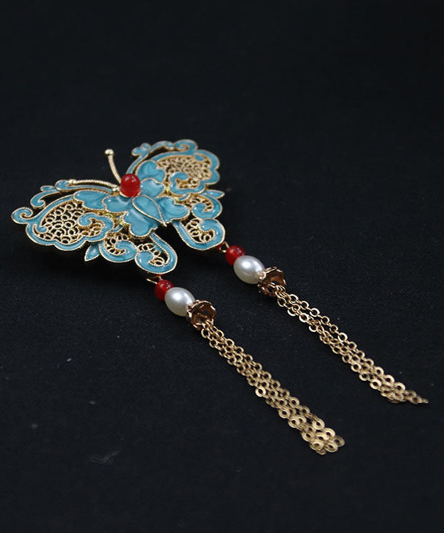 Blue Copper Overgild Pearl Butterfly Tassel Brooches