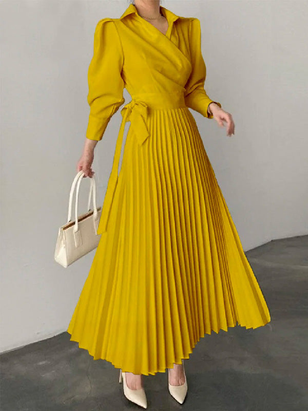 Office Pleated Asymmetric Color Lapel Maxi Dresses