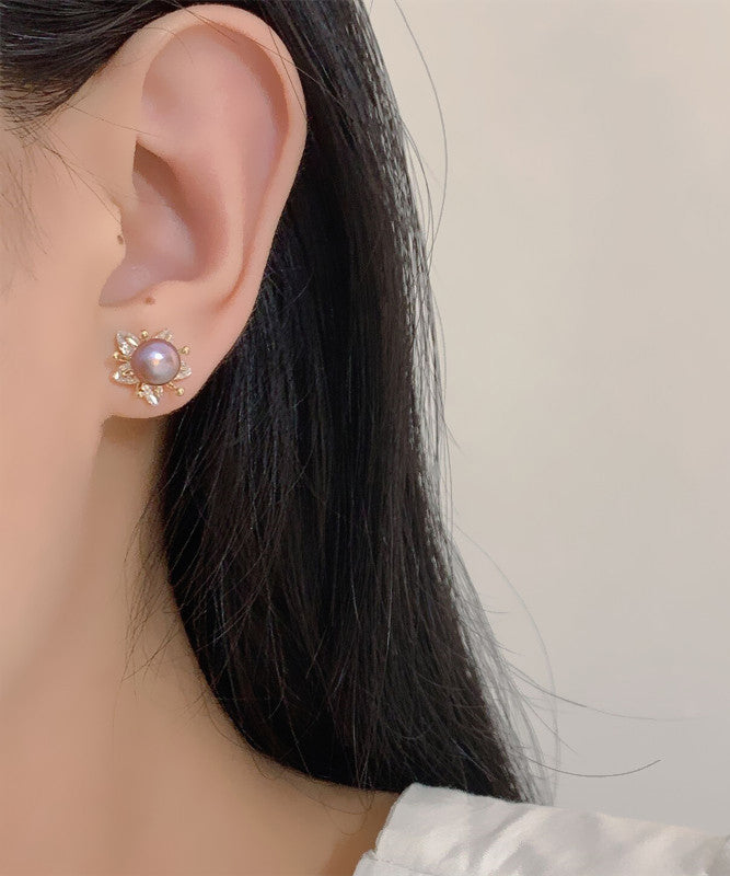 Art Purple Sterling Silver Overgild Pearl Stud Earrings