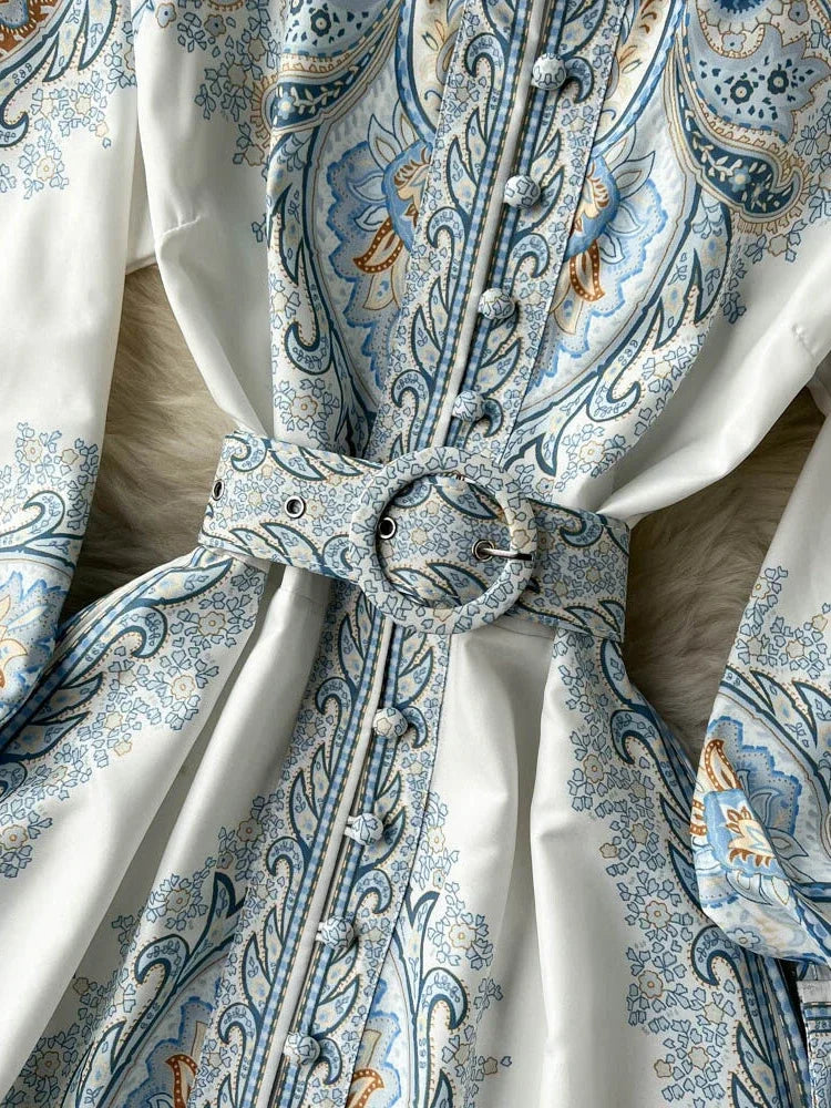 New Party Dress Long Sleeve Single Breasted Stand Collar Printed Long Dresses Spring Autumn Robe