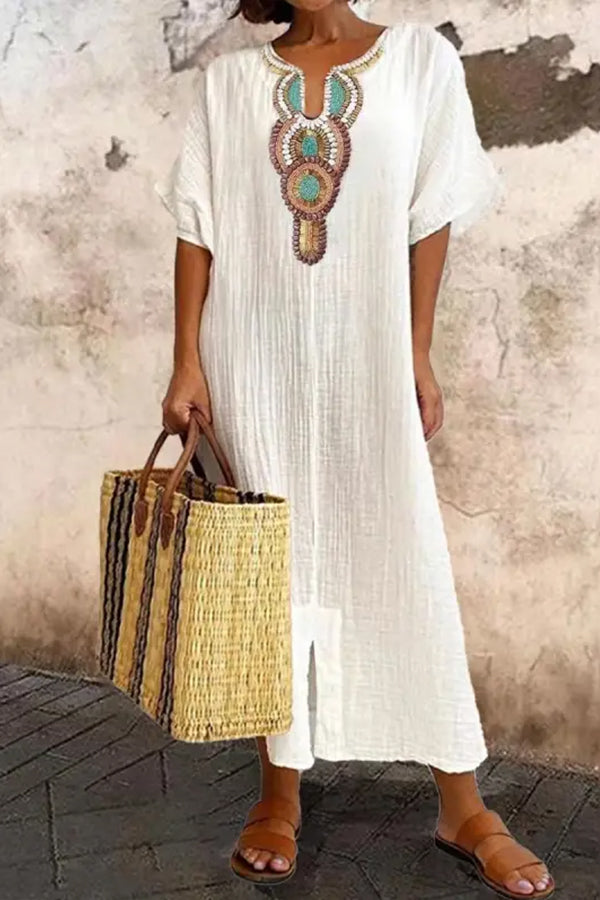 V-neck Loose Retro Print Short-sleeved Maxi Dress