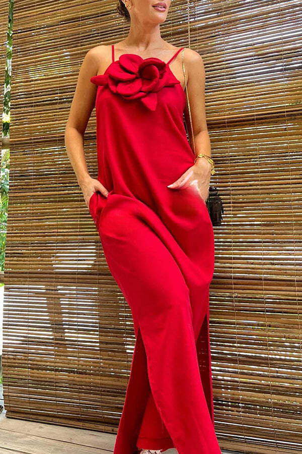 Vacay Ready Linen Blend Embellishment Pocketed Slit Maxi Dress