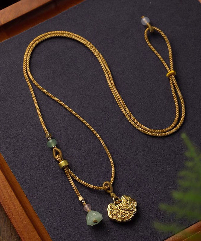 Handmade Yellow Copper Overgild Jade Agate Lotus Seedpod Pendant Necklace