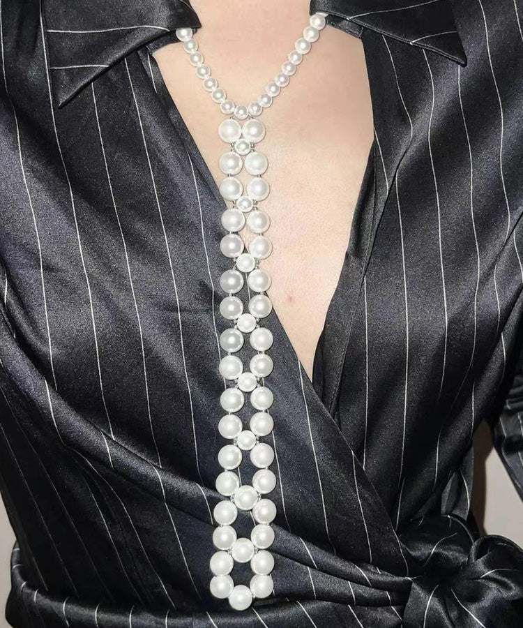 White Alloy Pearl Sweater Gratuated Bead Necklace