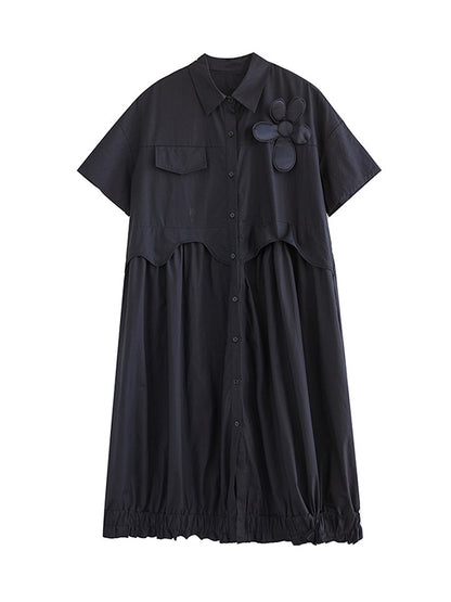 Loose Short Sleeves Elasticity Pleated Split-joint Lapel Midi Dresses