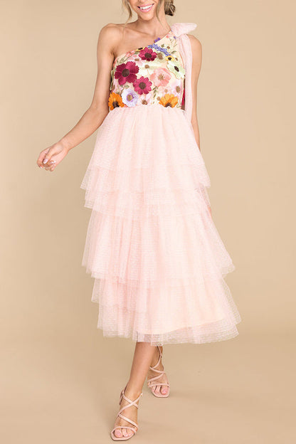 Midnight Garden Embroidered Applique One Shoulder Tiered Tulle Midi Dress