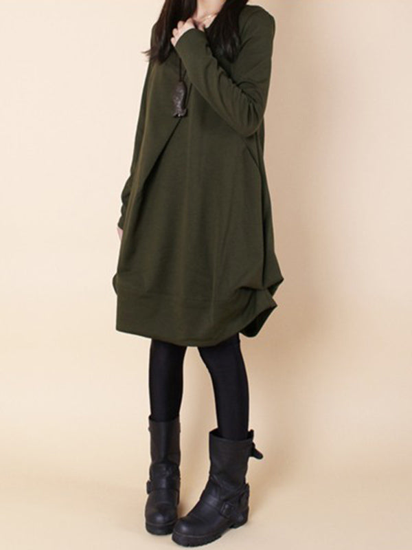 A-line Long Sleeves Pleated Color Round-neck Dresses Maxi Dresses
