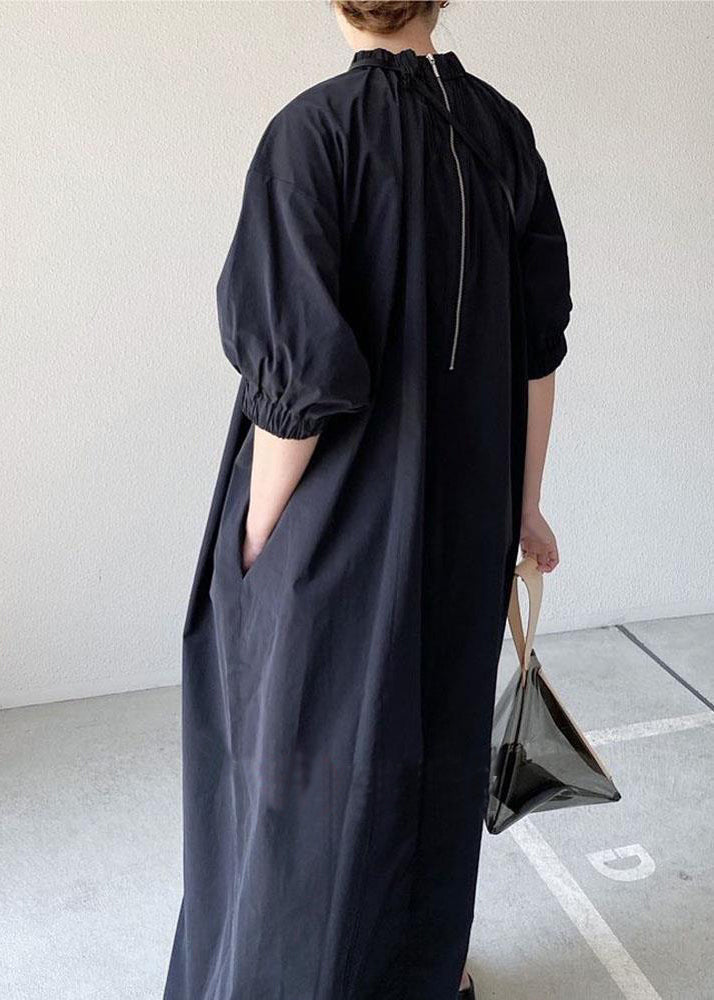 Navy Back Zippered Cotton Maxi Dress Half Sleeve Tz013