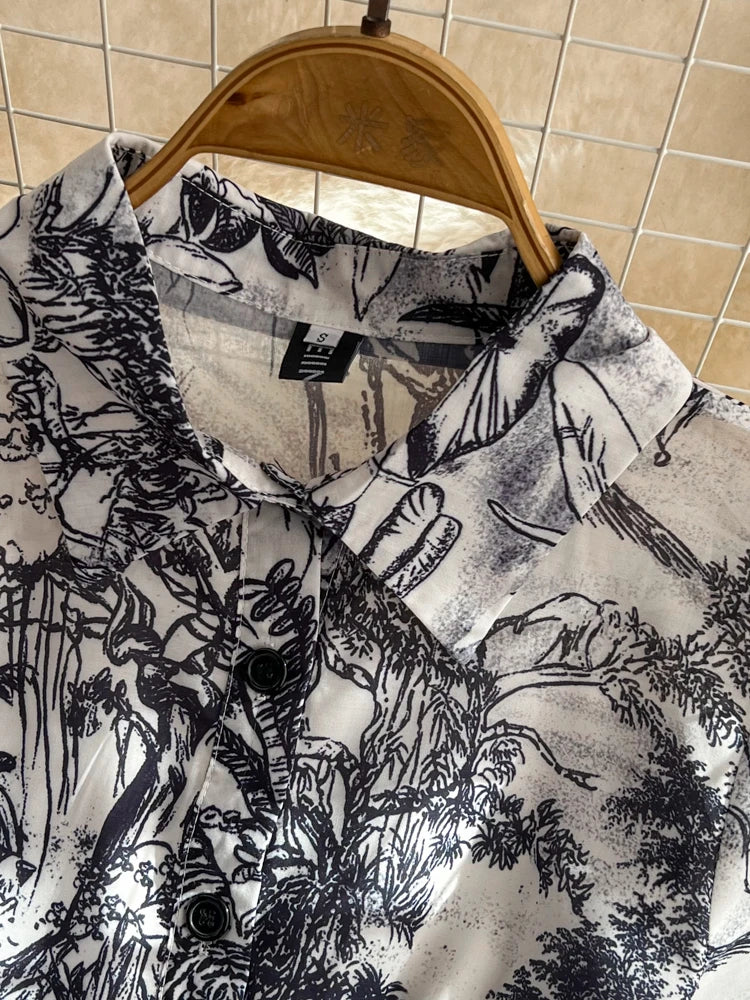 Summer Retro Shirt Dress Short Sleeved Lapel Single Breasted A-line Print Long Dresses Party Long Robe