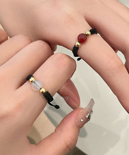 Handmade Black Weave Crystal Agate Copper Coin Rings Three-piece Set