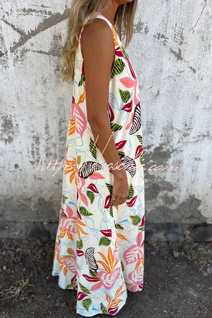Botanical Print V-neck Pocket Loose Maxi Dress
