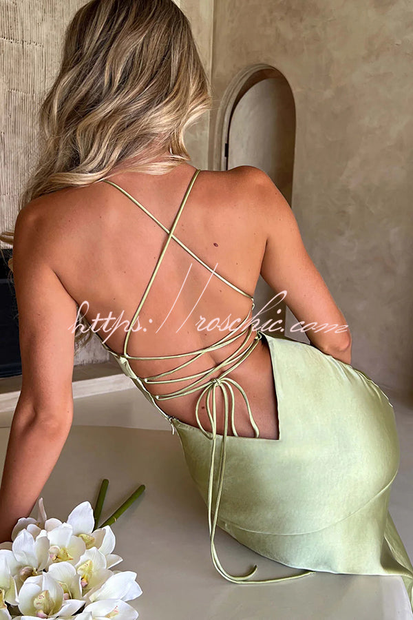 Satin Color Backless Lace Up High Slit Maxi Dress