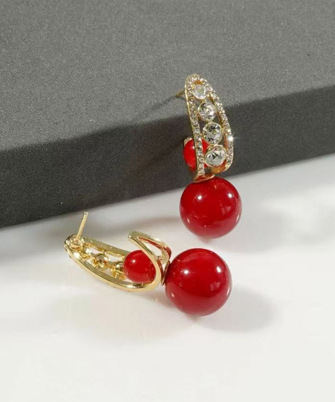 Red Copper Overgild Zircon Pearl Drop Earrings