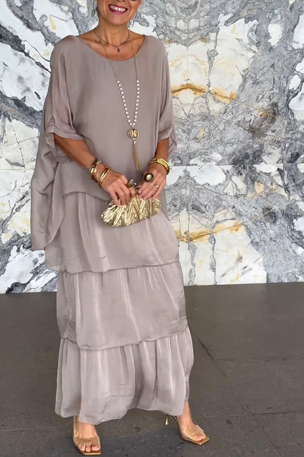 Color Crew Neck Loose Tiered Maxi Dress