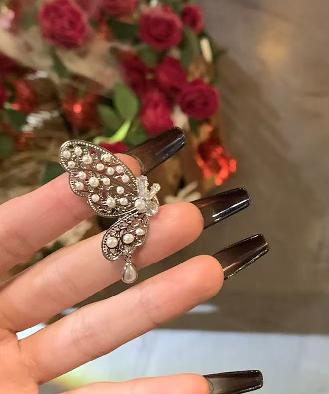 Original Design Silk Copper Overgild Zircon Pearl Hollow Out Butterfly Stud Earrings