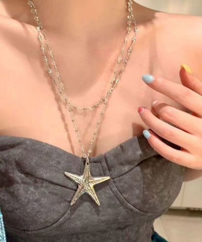 Simple Alloy Zircon Star Double Layer Beading Pendant Necklace