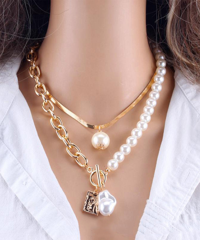 Gold Chain Pearl Necklace for Baroque Pearl Metal Two Piece Set