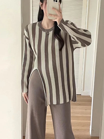 Striped Knitwear 2 Piece-set for Contrast Long Sleeve Split Straight Trousers Outfits ’s Pants Sets