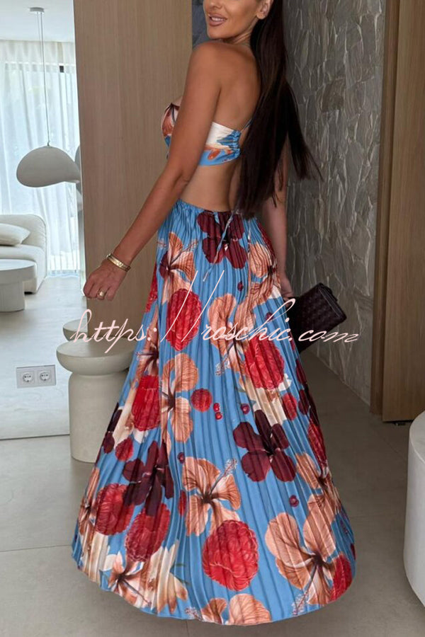 Casey Satin Print Cutout Halter Back Tie-up Pleated Maxi Dress