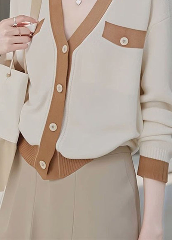 Colorblock V Neck Patchwork Button Cotton Knit Cardigans Fall Qp026