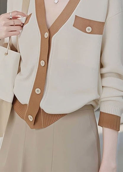 Colorblock V Neck Patchwork Button Cotton Knit Cardigans Fall Qp026