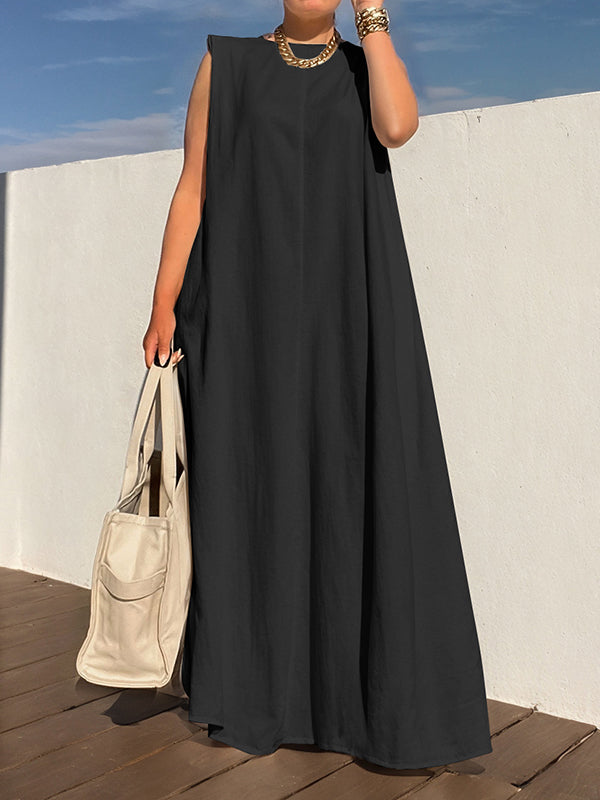 Loose Sleeveless Shoulder Pad Color Round-neck Maxi Dresses