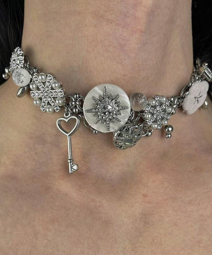 Silk Sterling Silver Snowflake Button Collar Necklace