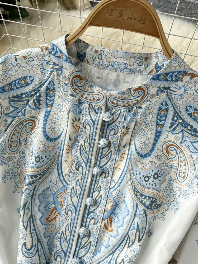 New Party Dress Long Sleeve Single Breasted Stand Collar Printed Long Dresses Spring Autumn Robe