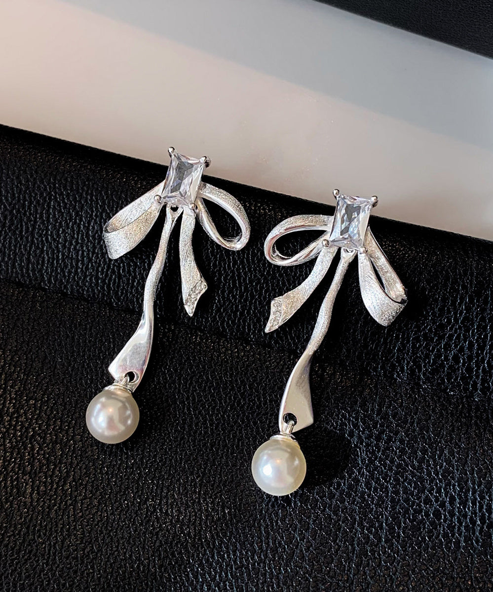 Silvery Bow Metal Pearl Pendant Fine Zircon Drop Earrings