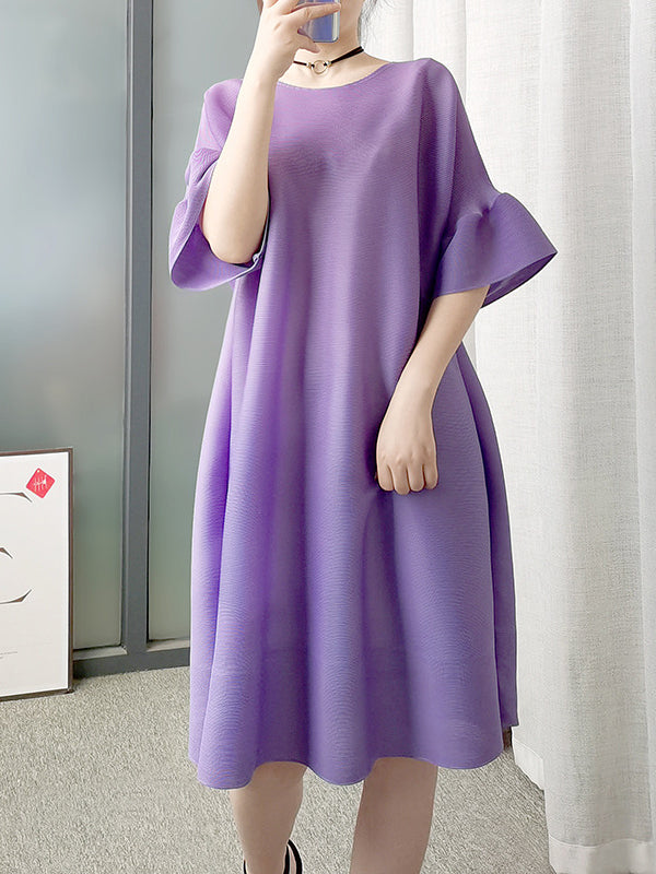 Stylish Selection Flared Sleeves A-line Pleated Color Round-neck Midi Dresses