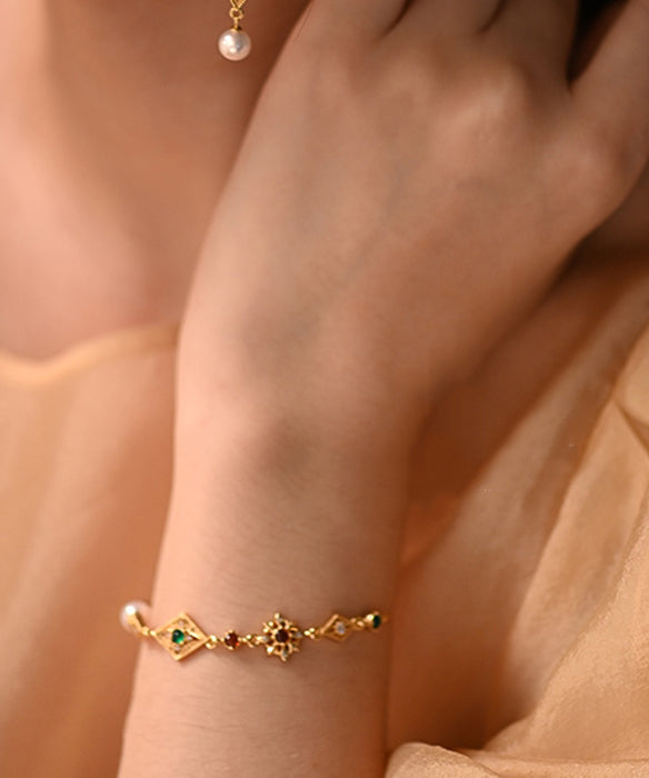 Geometric Pearl Gem Stone Adjustable Gold Plated Bracelet