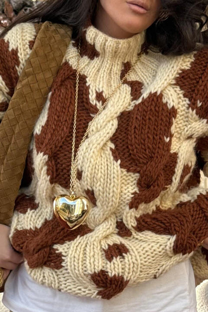 Cow Print Cable Knit Turtleneck Sweater