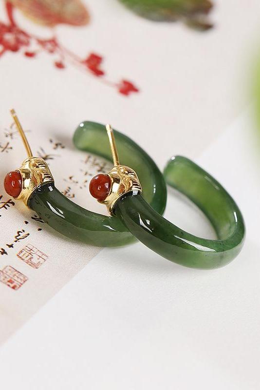 Retro Jade Inlaid Silver Earrings Studs