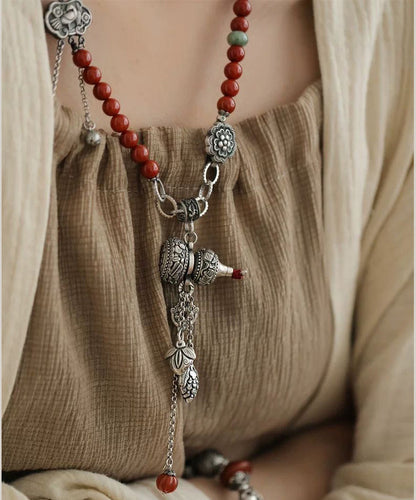 Retro Red Sterling Silver Beading Calabash Ruyi Lock Tassel Pendant Necklace